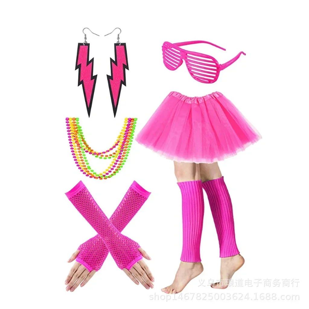 Women 80s Fancy Dress Accessories Retro Party Costume Set Adult Tutu Skirt Neon Fishnet Gloves Beaded Necklace Bracelet Earrings