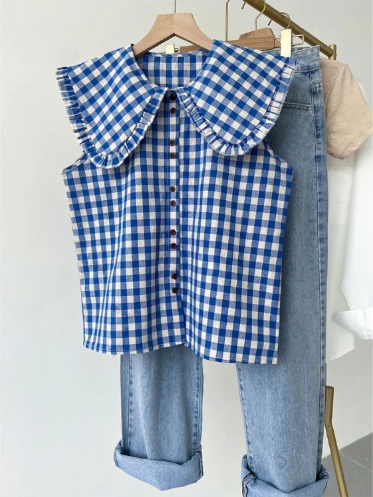 

French Blue Plaid Ruffled Sleeveless Shirt Women's Clothing Summer Loose Blouses Doll Collar Sweet Sleeveless Fashion Top