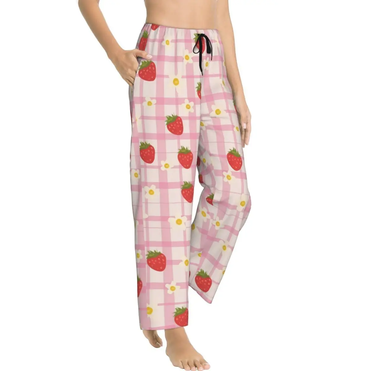 Strawberry Gingham Daisy Cottagecore Strawberry Fields Pink Plaid Lady's Lounge Pants Loose-Fit Pajama Pants Home Pajama Bottoms