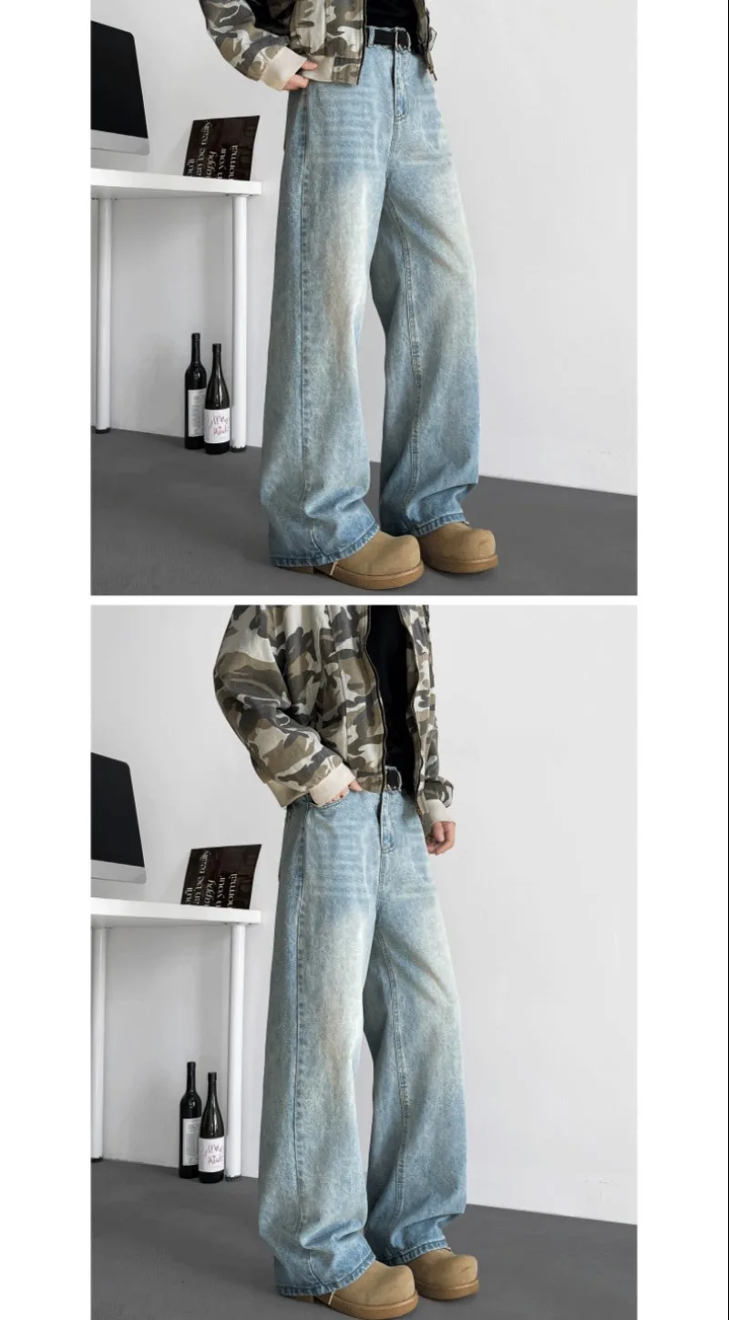 Herren Vintage Gewaschene Weite Jeans mit Hoher Taille, Lose Baggy Denim-Hose, Schwer Fallend, Lässiger Amerikanischer Streetwear-Stil, Lange Freizeithose – Detail 21
