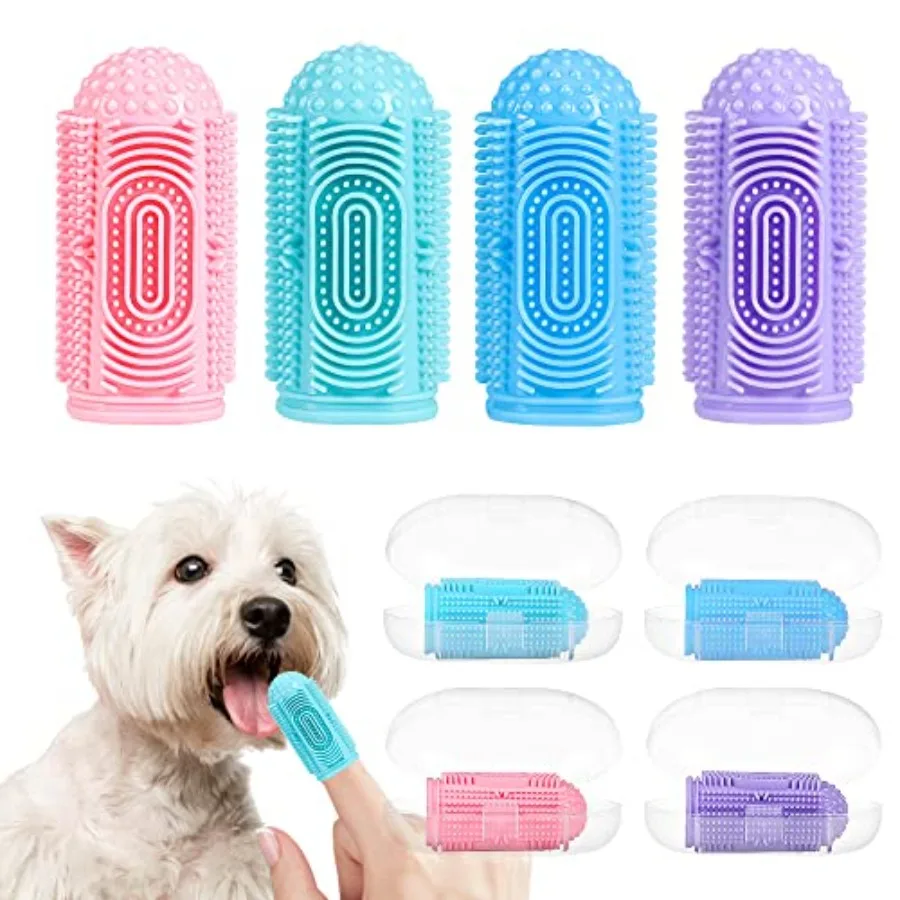 Curated Picks Dog Toothbrush 4 Pack Dog Tooth Brushing Kit Dogs Finger Toothbrush for Teeth Cleaning and Dental Care Cat Toothb