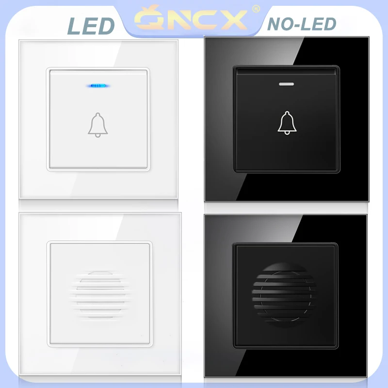 

QNCX Wired Hotel Doorbell Type 86 Embedded 110V/220V Home Doorbell Switch Wall Button With LED Indicator Tempered Glass Panel