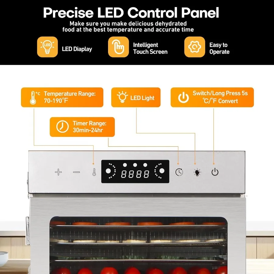 مجفف الطعام لأعشاب لحم البقر والفواكه المتشنجة مع 18 صينية تصميم كامل من الفولاذ المقاوم للصدأ شاشة LED درجة حرارة مؤقت قابلة للتعديل #5