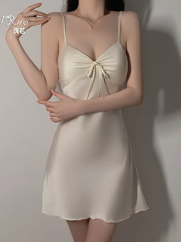 Exotic Summer Fashion Women's Clothing Sweet Silk Smooth Low cut Solid Color Simple Strap Bow Decoration Slim Elegant Dress VA5O