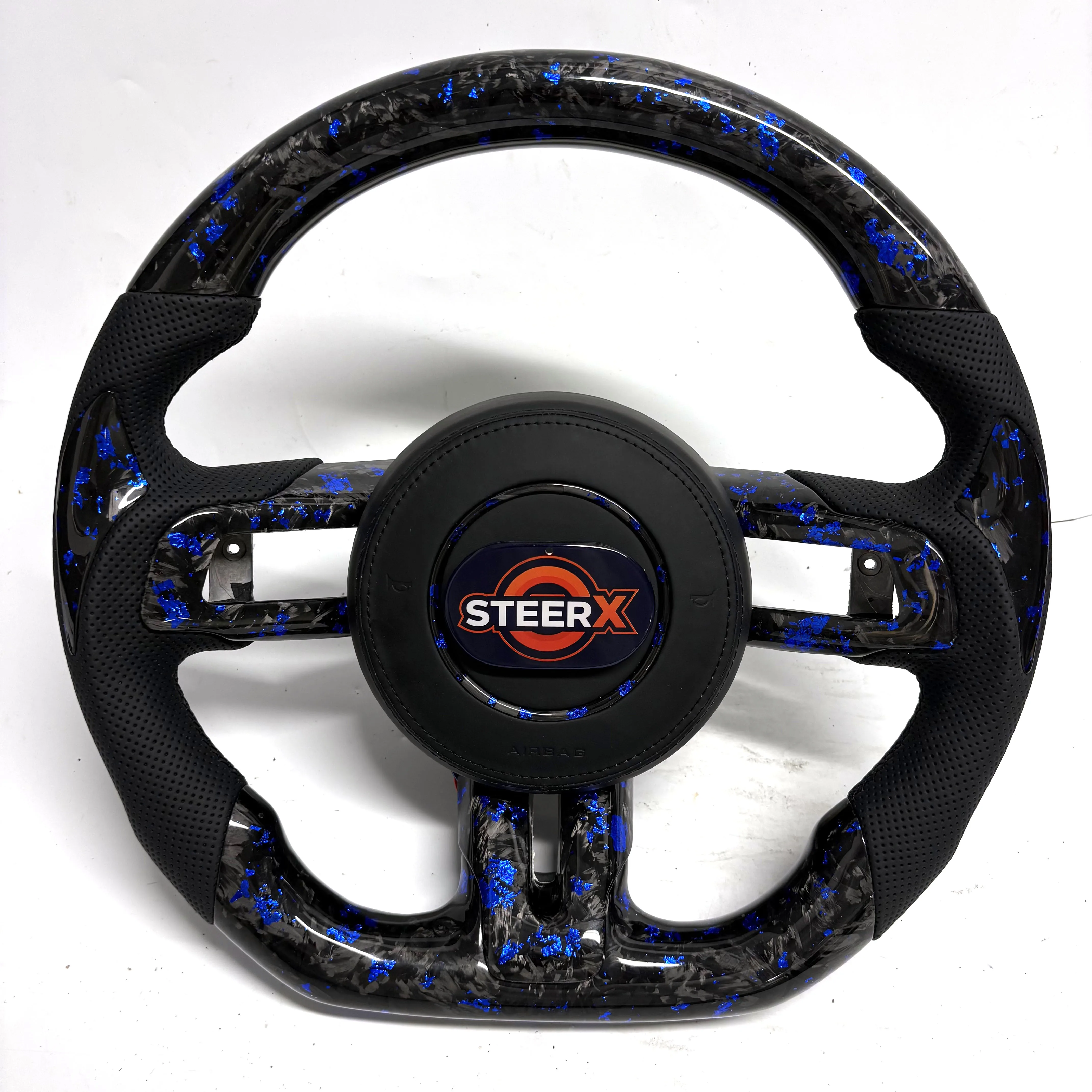 

Perforated leather blue forged carbon fiber steering wheel with heating for Ford Mustang GT 2015-2023