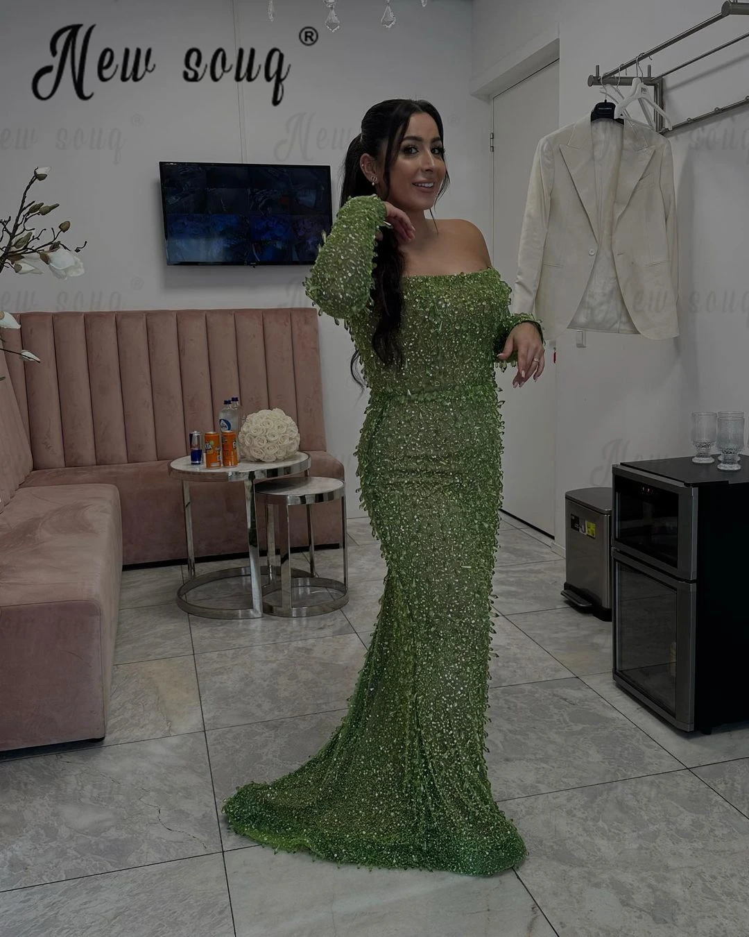 Robes De Soirée Long Mermaid Crystals Evening Dress Dubai Shiny Formal Occasion Dresses Spring Green Prom Dresses Cocktail Dress