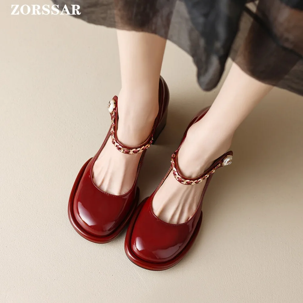 Red Mary Jane Women Pumps Thick High Heels Shoes Female Lolita Square Toe Shoes Spring Fashion Party Leather Woman Shoes New