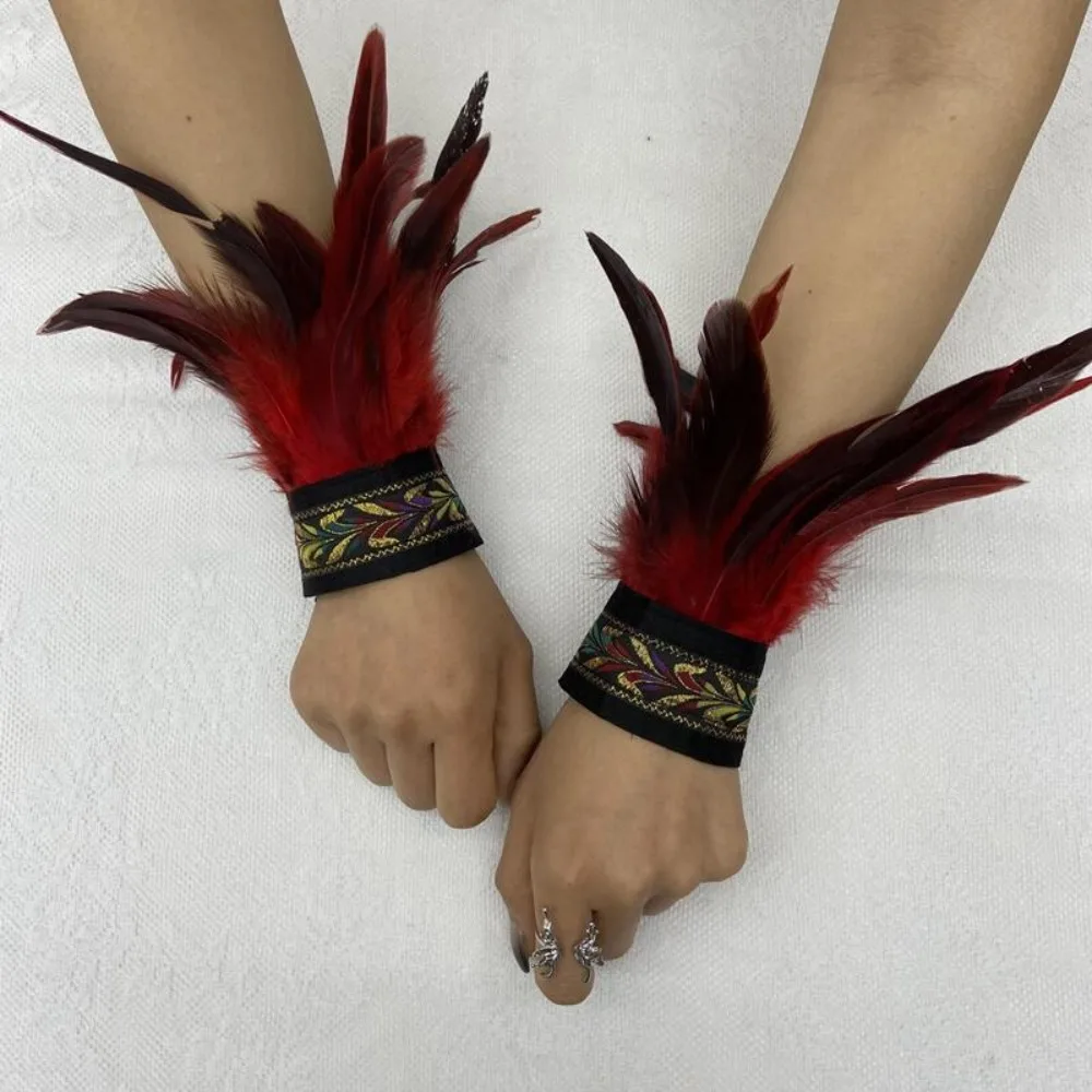 1 Piar Gothic Halloween Carnival Feather Wrist Cuff Embroidered Band Adjustable Straps Fluffy Feather Gloves Cuff Unisex