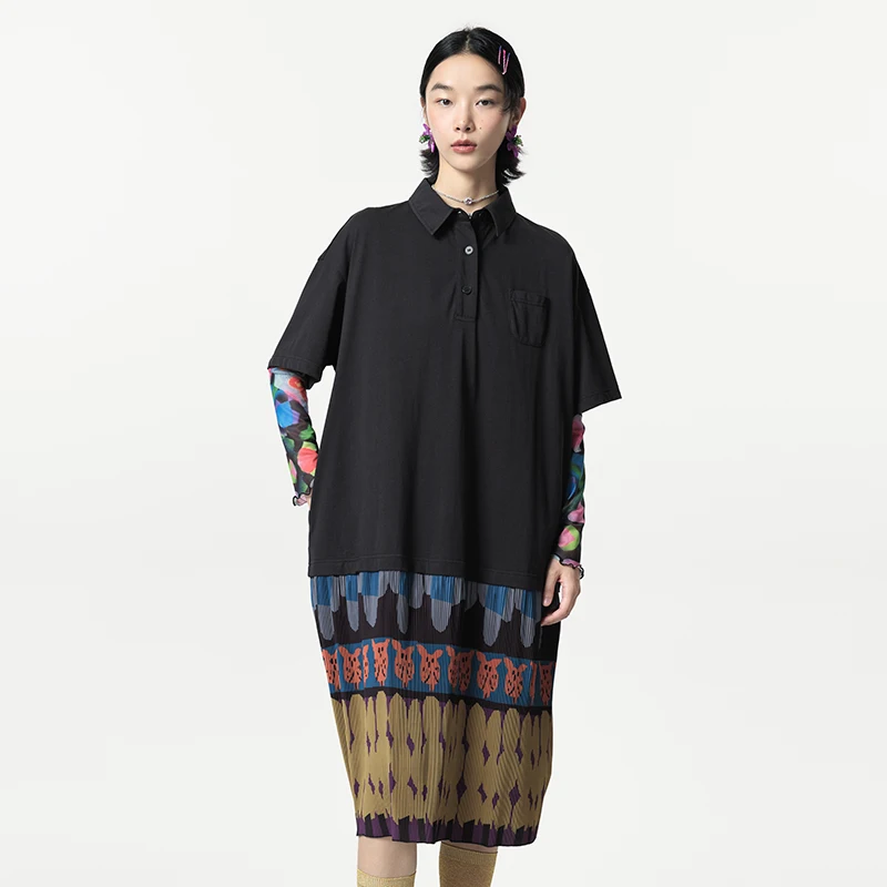 MOVEUP Casual Short Sleeved Lapel Dress 2026 Spring New Contrast Printed Pleated Hem Loose Office Knit A-Line Dress 324111324
