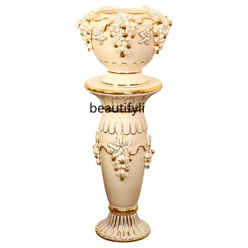 Y zqEuropean-Style Large  Living Room Flower Arrangement Ceramic Decoration TV Cabinet Large Floor Roman Column Home Decoration