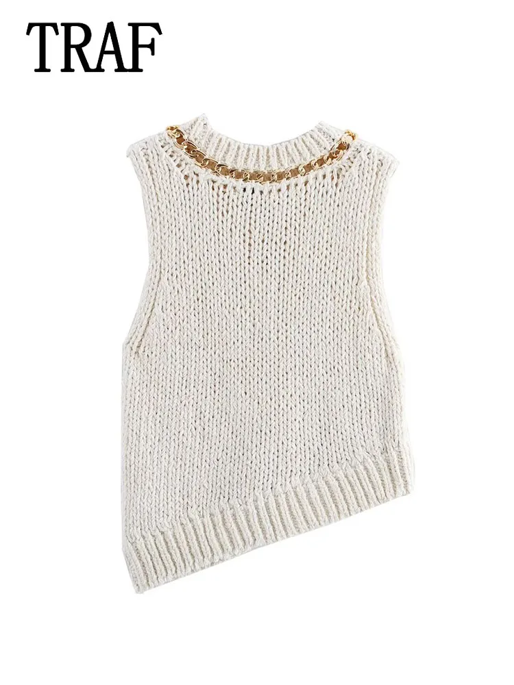 TRAF Women Knitted Vest New Fashion O-Neck Cropped Sweaters Vests for Women Sleeveless Pullover Casual Female Chic Top