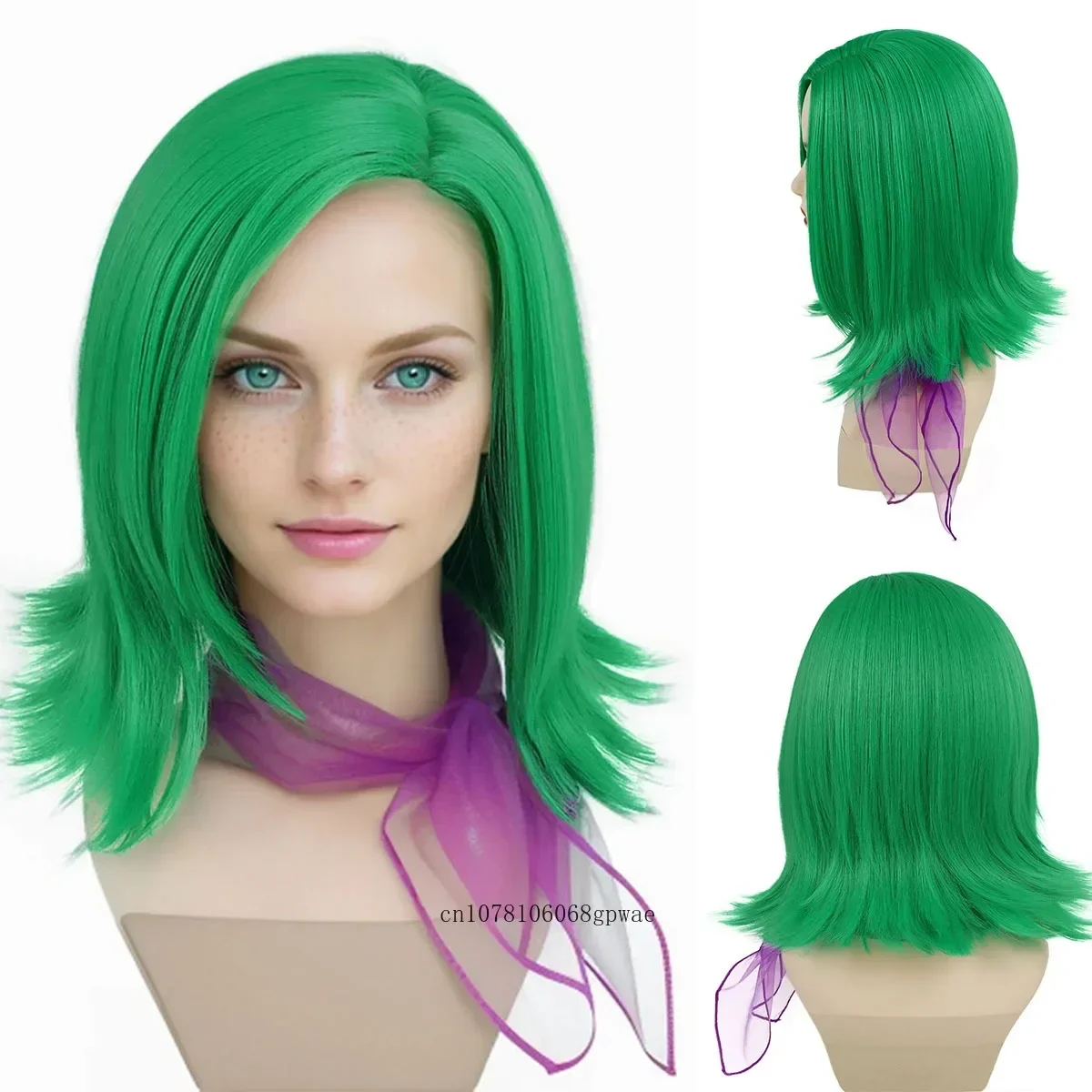 Green Cosplay Wigs 2Pcs Synthetic Hair Short Curly Wig with Purple Scarf for Women Lady New Movie Costume Halloween Party Use