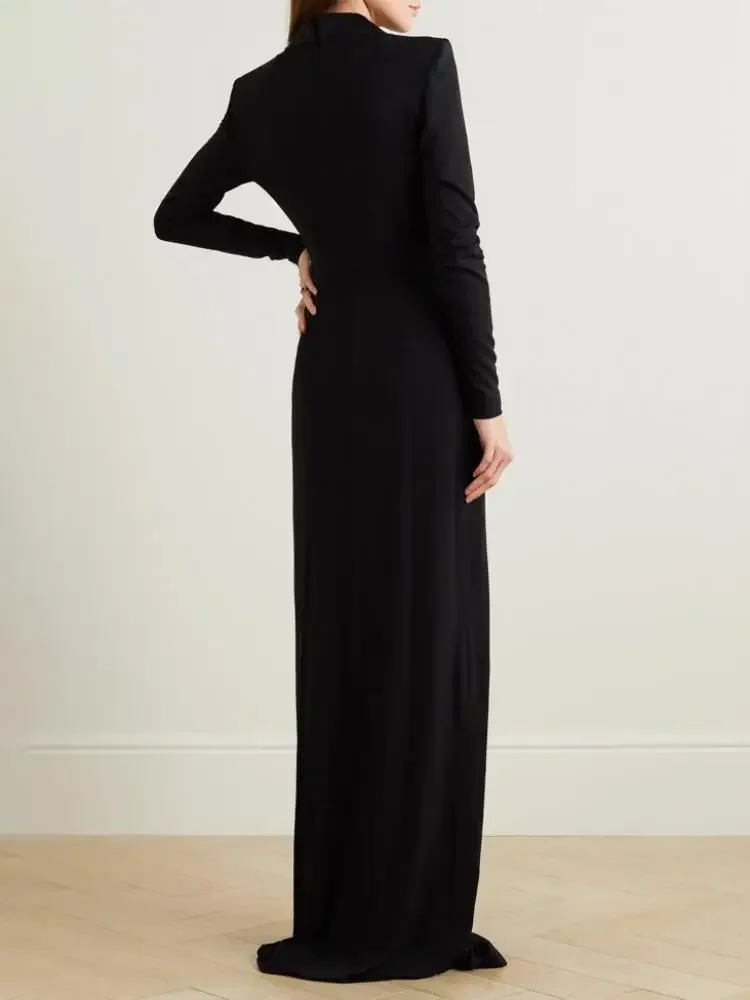 Yeezzi vestido negro para mujer 2024 nueva moda de primavera Color sólido manga larga cuello en V profundo Formal fiesta de graduación vestidos largos de noche