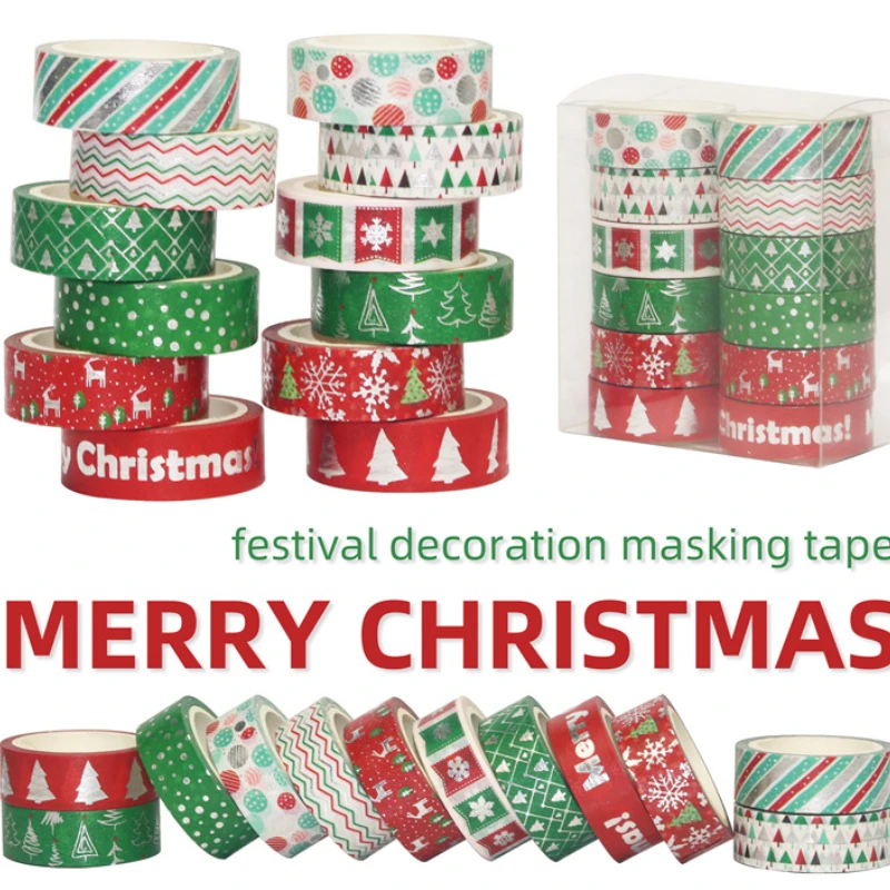 feliz natal banhado a prata washi tape grupo scrapbooking faca voce mesmo jornal papelaria fitas de mascaramento deco art supplies 12 pcs por conjunto 01