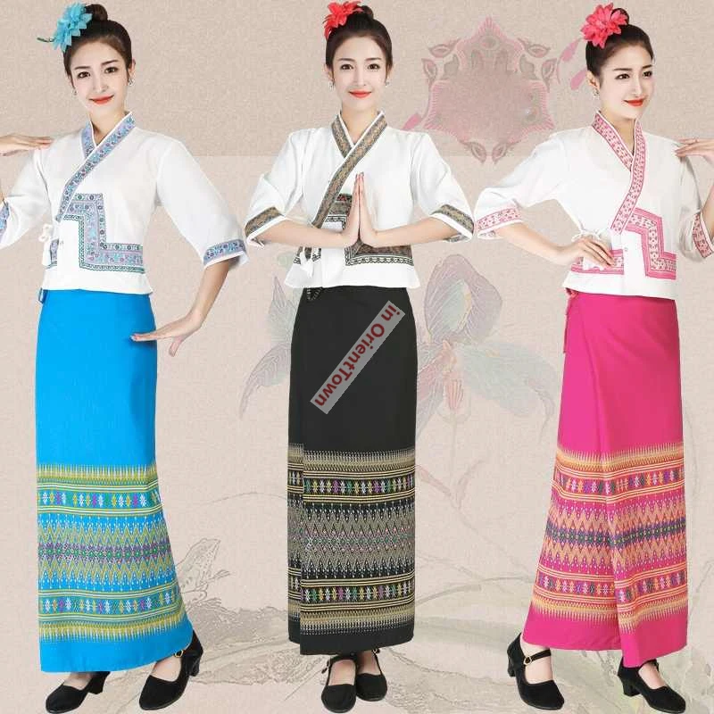 Water Splashing Festival Jacket + Skirt Thai wrapped  tube skirt women suit Cotton linen long sleeve Xishuangbanna Dai clothing