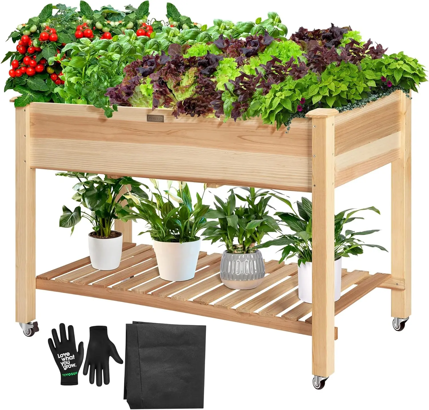 Elevated Wooden Raised Garden Bed, 46 x 24 x 32 Inches, Mobile Outdoor Planter Box with Storage Shelf and Protective Liner for Outdoor Use, with Lockable Wheels