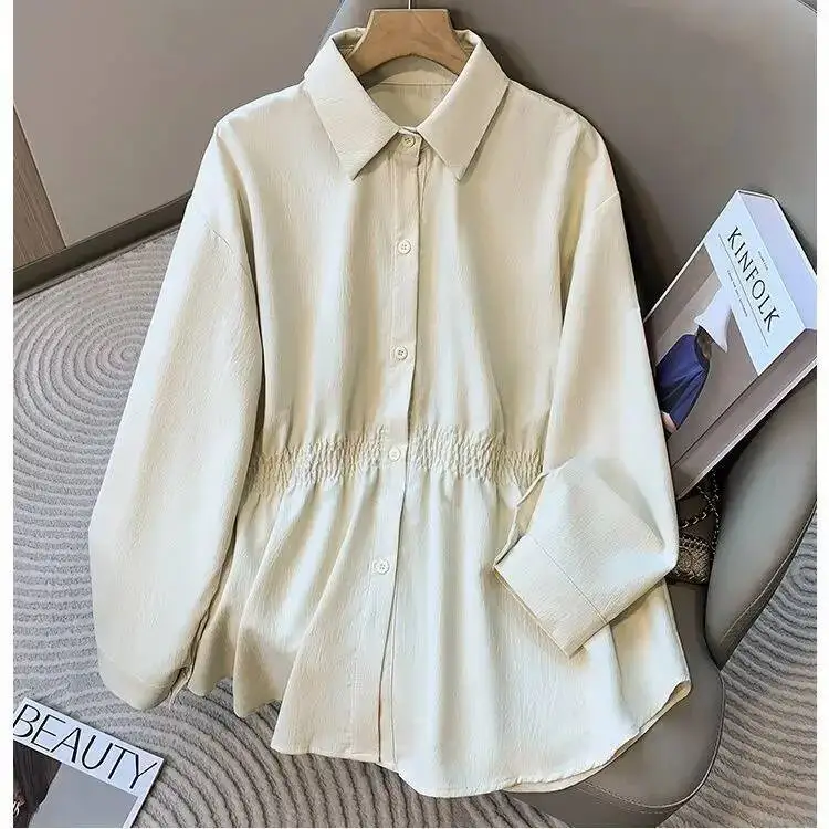 

Осенняя модная свободная однотонная рубашка с длинным рукавом и определением талии