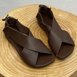 Soft Artificial Leather Sandals Woman Retro Back Zipper Cross Strap Sandalias Ladies Comfy Wide Fit Low Heel Summer Shoes