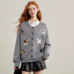 Casual Sweet Cartoon Cute Dog Y2K Knit Coat Women Straight Sweater New O-Neck Grey Trendy All-Match Cardigan Elegant Chic Coat