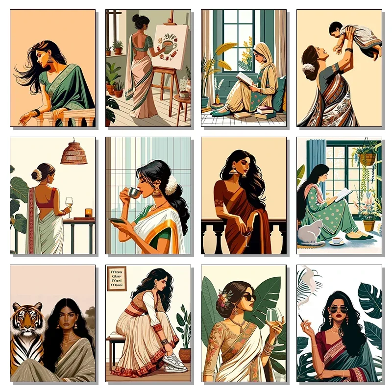 1pc frameless Canvas Painting Modern Indian Women Bohemian Style Fashion Artwork Posters Prints Canvas Painting Wall Art Picture