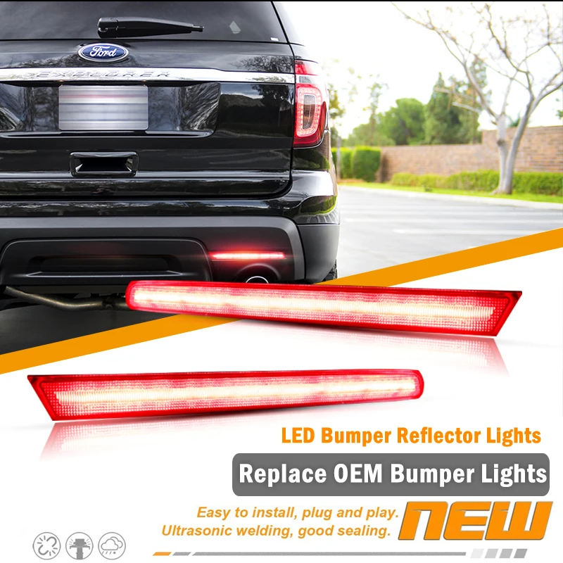 iJDM Car Red LED Bumper Reflector Lights For 2011-2015 Ford Explorer (Pre-LCI),Function as Tail,Rear Fog Lights,Brake Lamps 12V