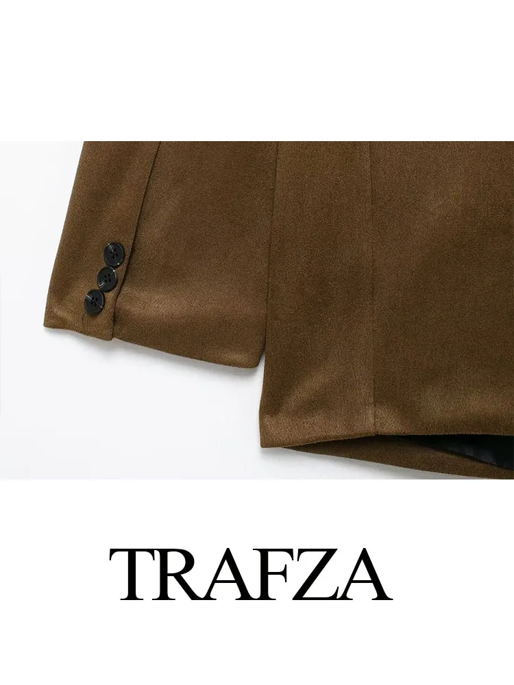 TRAFZA ผู้หญิงฤดูใบไม้ร่วงแฟชั่นหลวมเสื้อ Turn-Down COLLAR กระเป๋าตกแต่ง Double Breasted หญิง Casual Blazers Coat