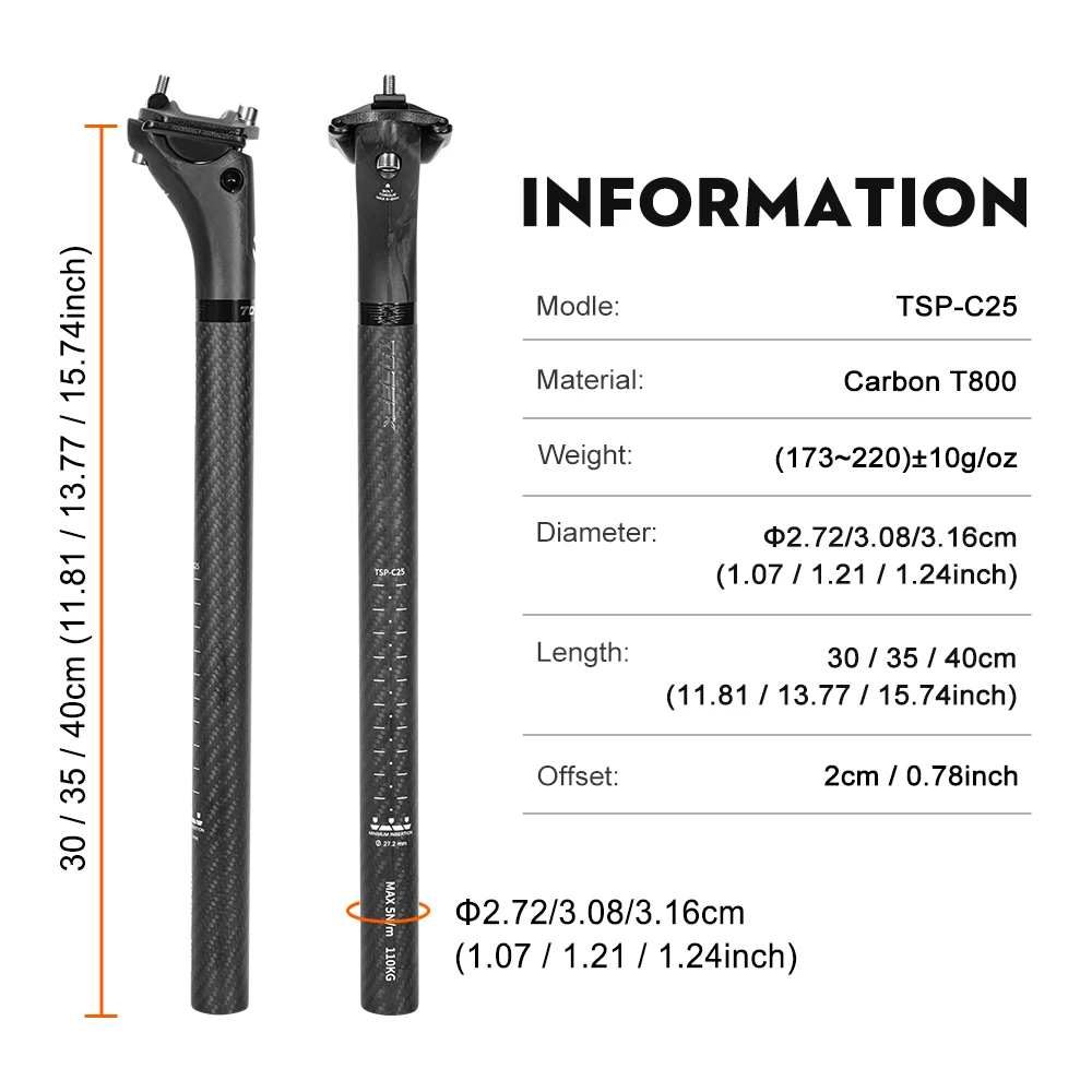 TOSEEK Seatpost Carbon 3K Weave Matt Offset 20mm Seat Post  Length 300/350/400mm Bicycle SeatPost Parts MTB Carbon Canoe