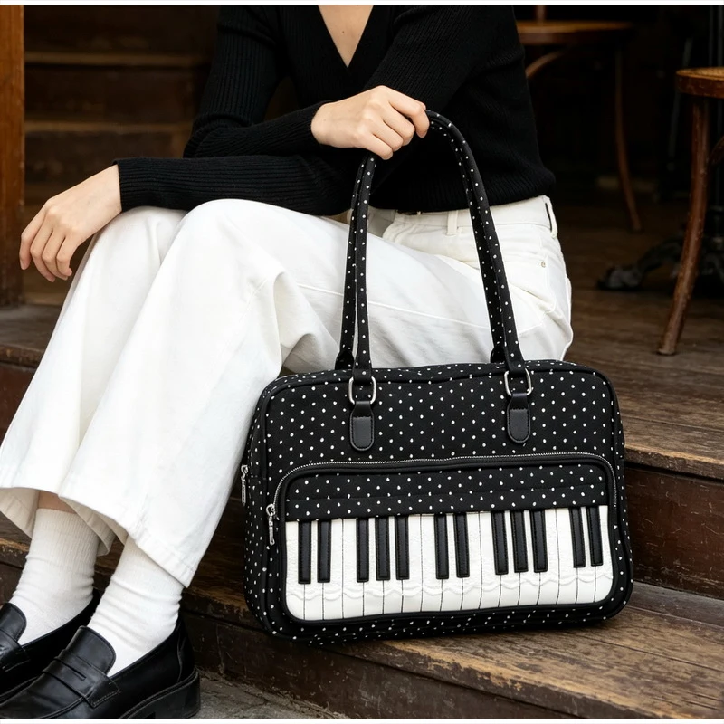  Polka Dot Piano Key Schultertasche, Damen Bowling Nylon Handtasche, Y2k Teenager Mädchen Große Kapazität Pendel- und Reisetasche, Süße Niedliche Tragetasche – Detail 8