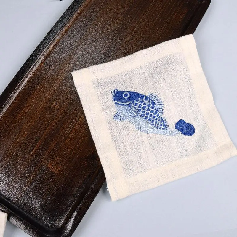 Traditional Chinese Style 100% Cotton Embroidered Koi Fish Lucky Fu Pattern Square Handkerchief Tea Towel Coaster Sweat Wipe Gif