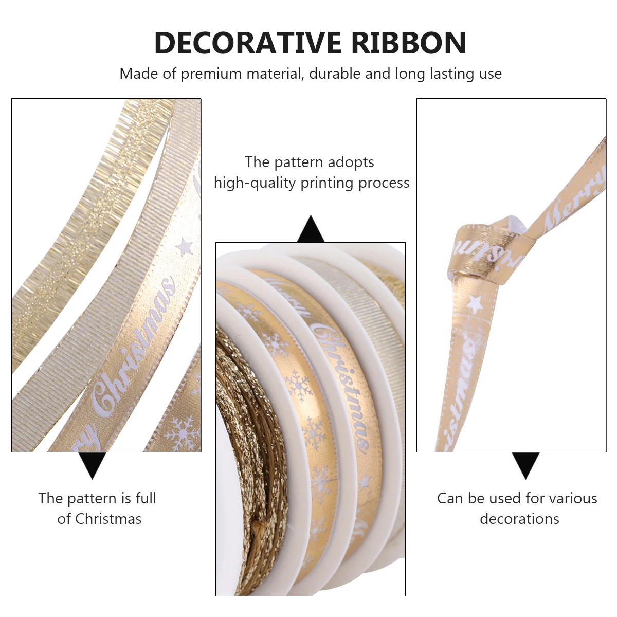 

5 Rolls Christmas Ribbon Printed White Gold Decorative Band Holiday Gift Wrapping Ribbon for Crafts DIY Party Decoration