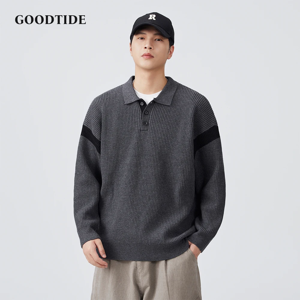 

Fashion Men's Casual Polo Collar Sweater Winter Waffle Knit Pullover Comfortable Soft Long Sleeve Jumper Contrast Stripes Top