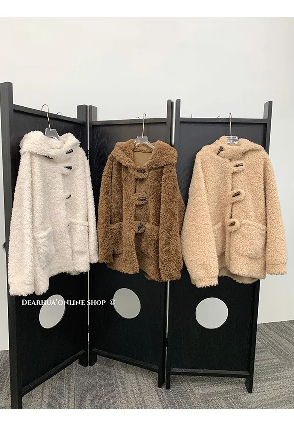 Teddy Bull Horn 24 ฤดูใบไม้ร่วง/ฤดูหนาวใหม่ขนสัตว์Hooded Lambhair Coatแกะตัดขนสัตว์One Pieceเสื้อขนสัตว์