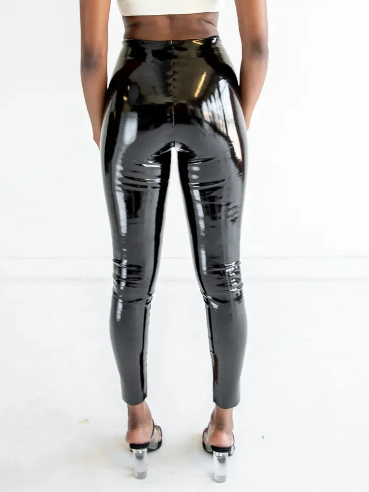 Hohe Taille Faux Latex Nahtlose Legging Frauen Bodycon Glänzende Patent Leder Hosen Damen PVC Stretch Schlank Geerntete Hosen Custom