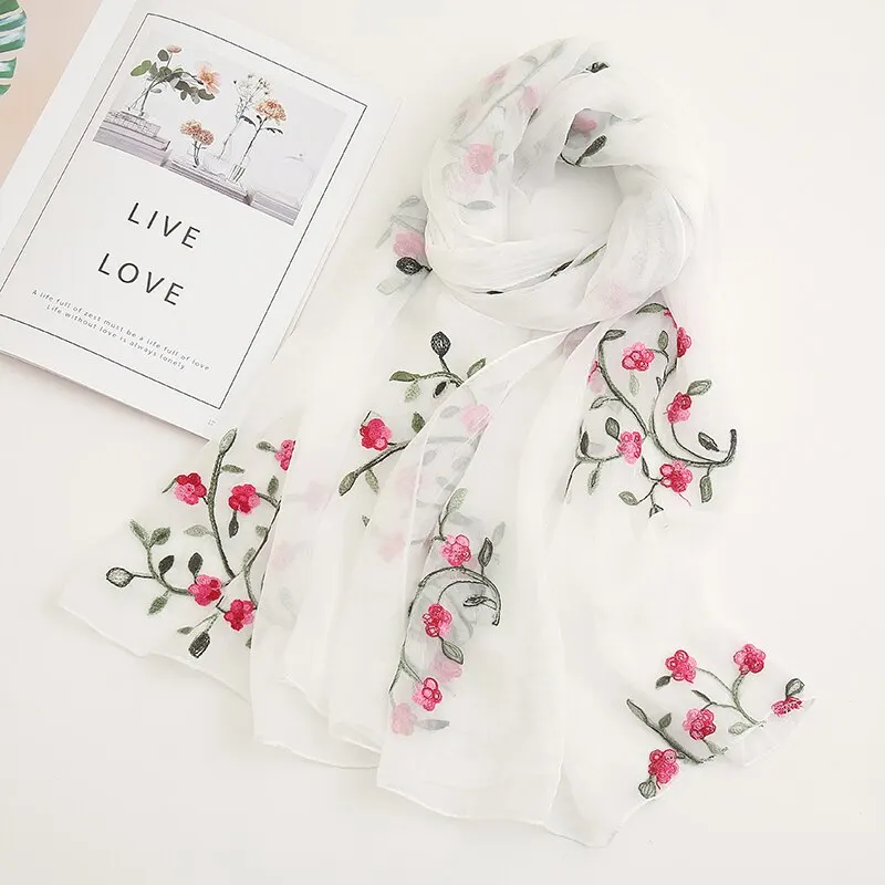 Fashion Floral Embroidery Chiffon Scarf Women Muslim Hijab Headscarf Soft Wraps Headband Summer Sunscreen Shawls180*75cm