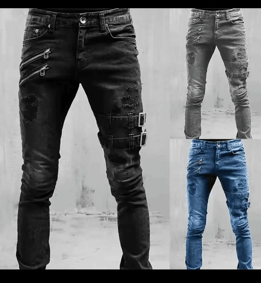 

Men Jeans Denim Pencil Pants Mid Waist Moto Biker Washing Pockets Slim Slight Strech Sheath Ankle Length Zipper Fly 2024