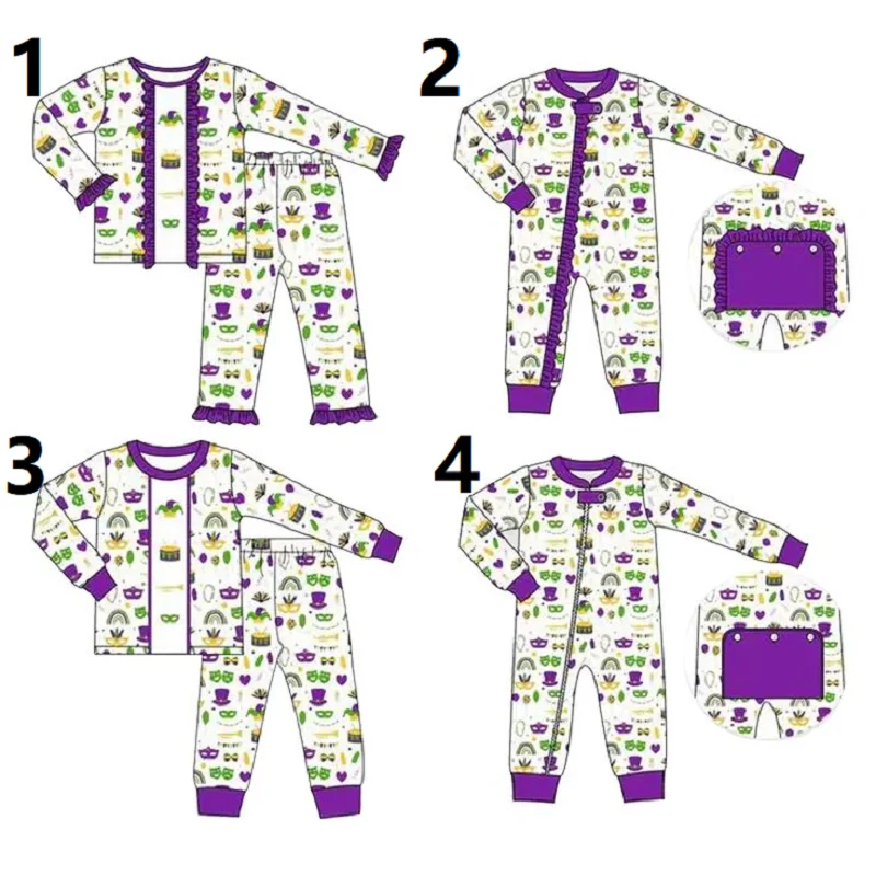 Mardi Gras series หน้ากากสีม่วงสีเหลืองสีเขียวเด็กชายและเด็กหญิงแขนยาว onesie พี่น้องและน้องสาวบูติกขายส่ง