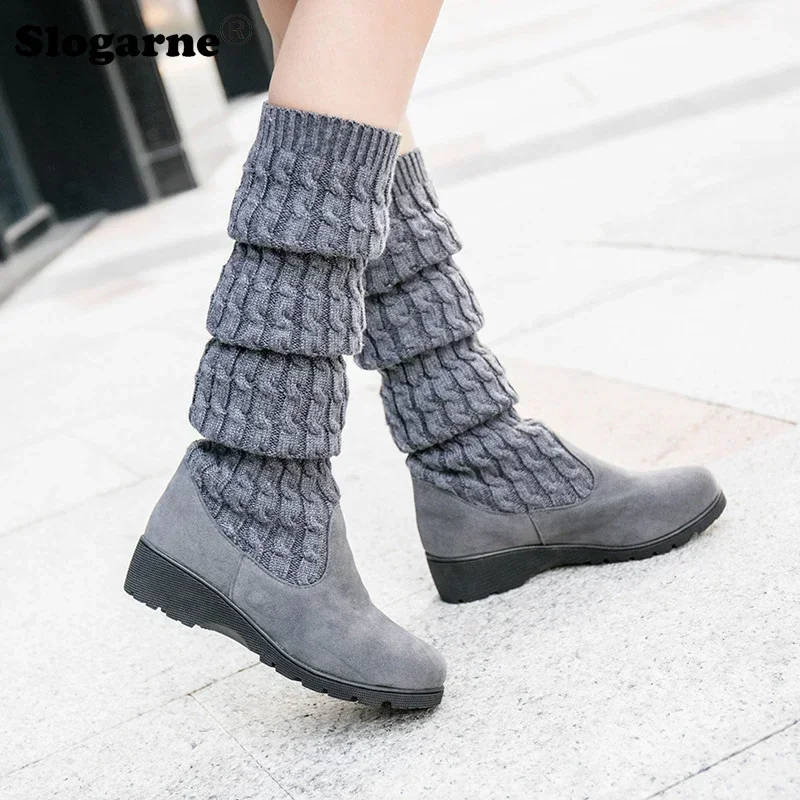 Women\'s Sock Boots 2024 Spring Autumn Thigh High Boots Woman Knitting Weave Wool Long Boot Over Knee Elastic Boots Wedges Bottes