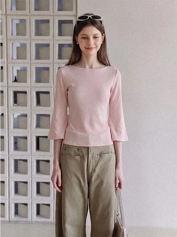 Slim Fit round Neck T-Shirt Women's Fashion Bell Sleeve Top Breathable Comfortable Chinese Brand Autumn New Style Casual Wear