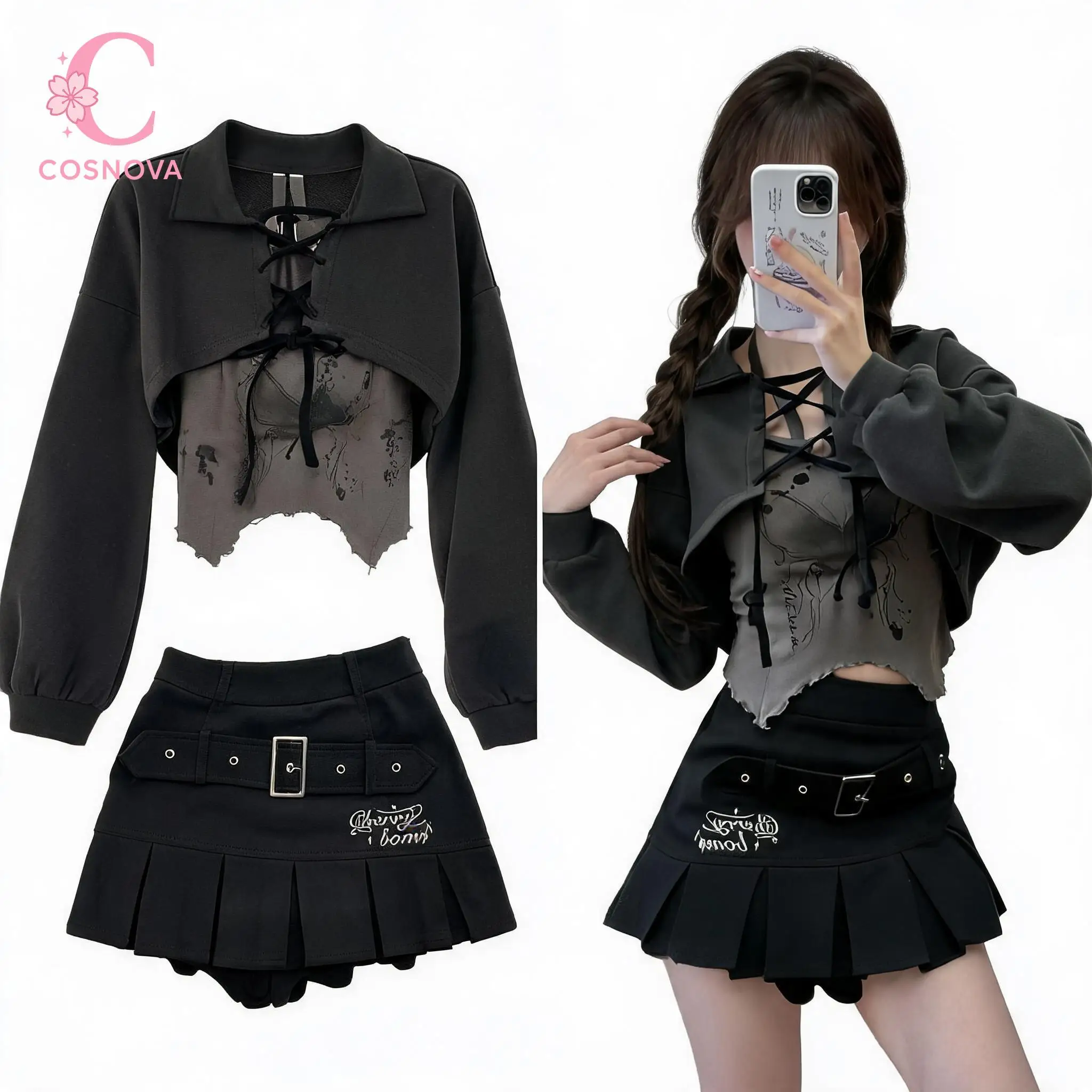 

Y2K Harajuku Sexy Ash Butterfly Graffiti Print 2 Piece Set Women Lace Up Cropped Hoodie Halter Cami Pleated Mini Skirt Clubwear
