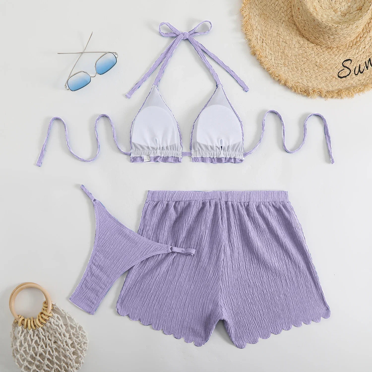 3 Pieces Triangle String Thong Bikini 2025 Women Halter Swimsuit Solid Sexy Swimwear Female Bathers Bathing Swimming Swim Suit