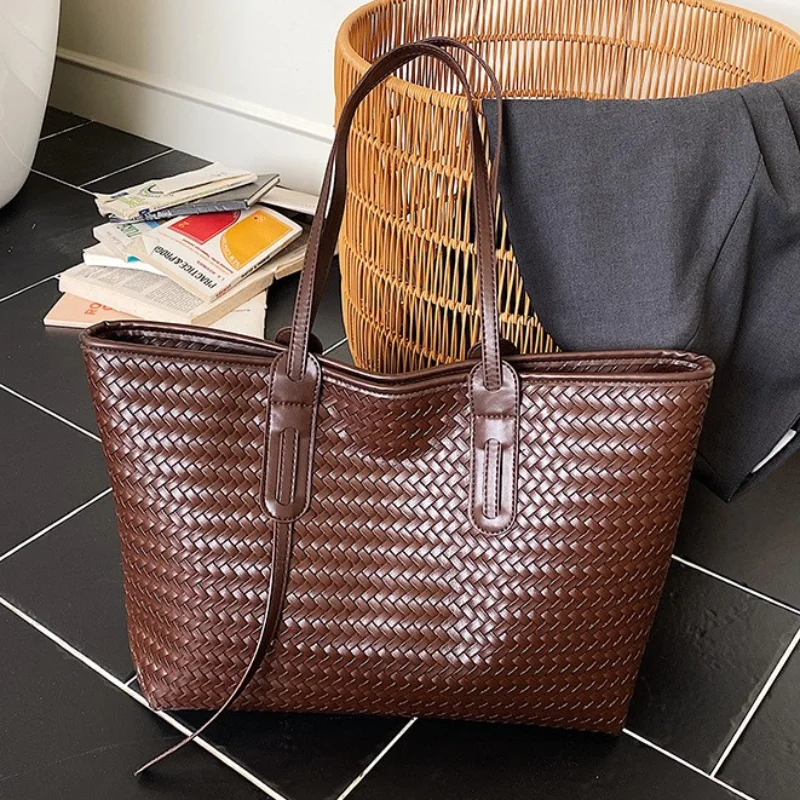 

Роскошная кожаная плетеная сумка-тоут большой вместимости, минималистичная сумка через плечо, деловая сумка для работы, женская легкая элегантная сумка на плечо