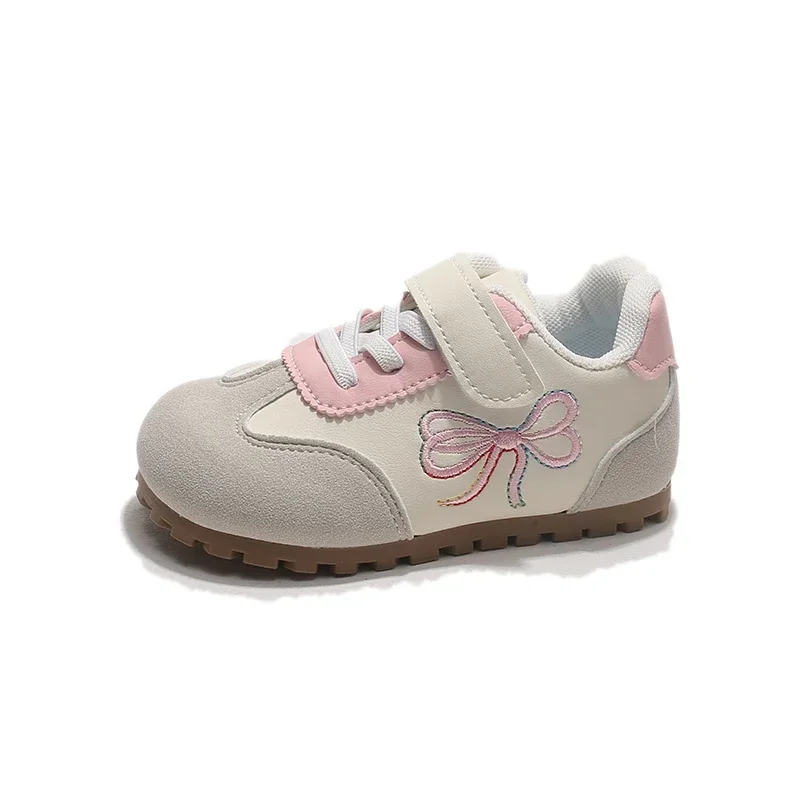 Girls Retro Bow Embroidery Sneakers, Toddler Kids Spring Autumn Casual Trainers, Hook and Loop Strap Non-Slip Gum Sole Shoes
