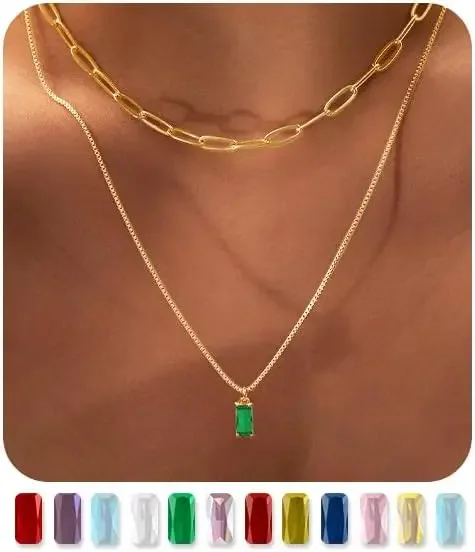 

Dainty Gold Birthstone Necklaces for Women Non Tarnish, 14K Trendy Blue Green Cubic Zirconia Emerald Pendant Charm Gold Necklace