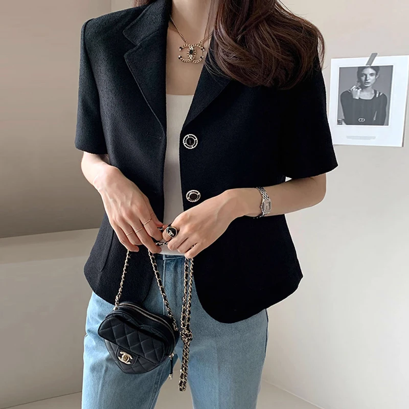 

Clothland Women Stylish Solid Blazer Short Sleeve Single Breasted Jacket Summer Outwear Casual Coats Mujer CB158