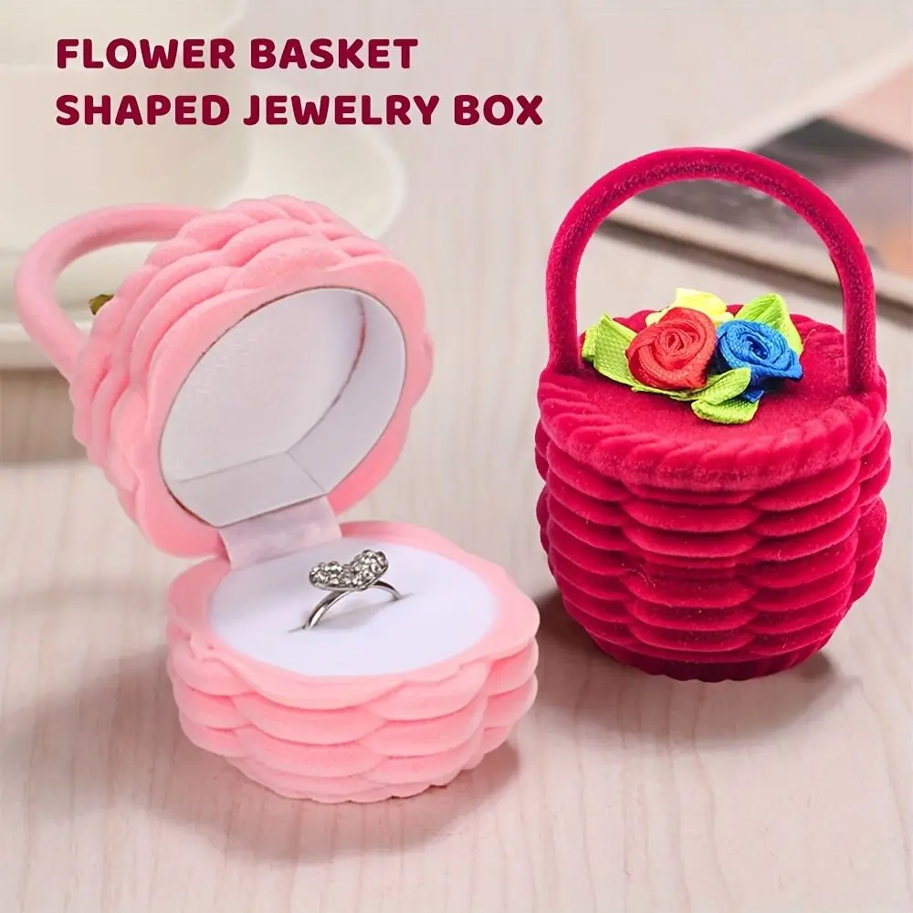 

Velvet Material Flower Basket Ring Box Cute Design Rose Flower Jewelry Ring Box Romantic Style Display Function Jewelry Case