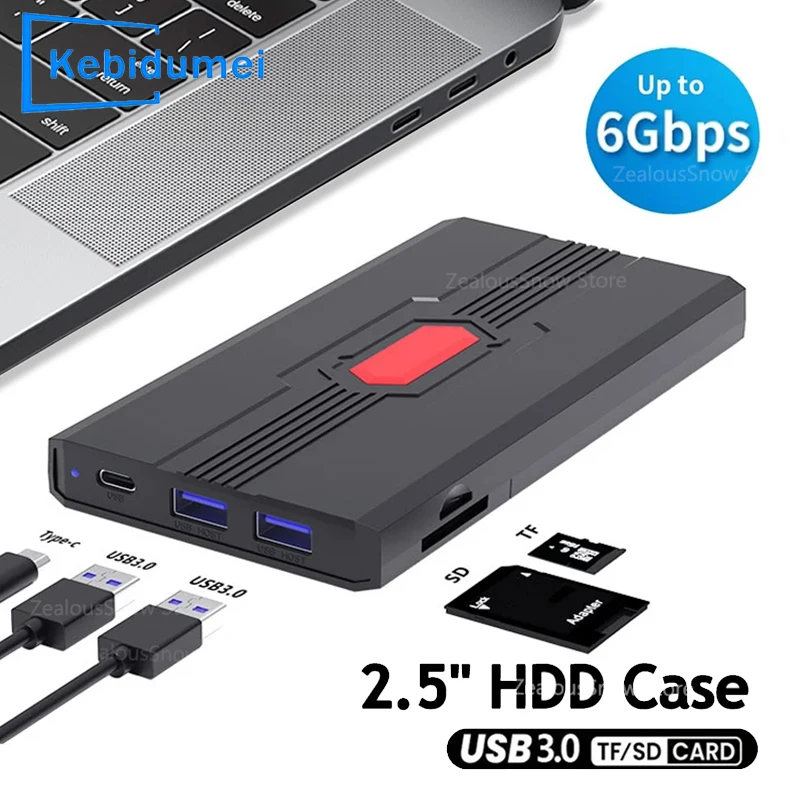 

2.5 HDD/SSD Case SATA to USB 3.0 Hard Drive Enclosure 6IN1 Adapter 6Gbps HD External Box Support TF/SD Card Reader for PC Laptop