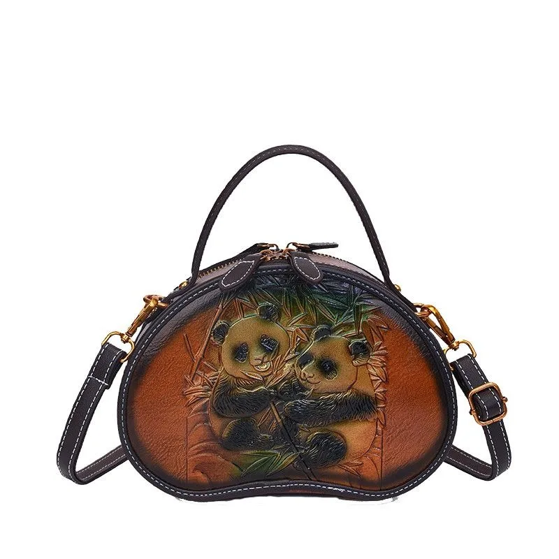 Light Luxury Retro Small Round Bag Women's Leather Texture 2026 New Shoulder Handbag Messenger Bag Leather Carving Panda Yang