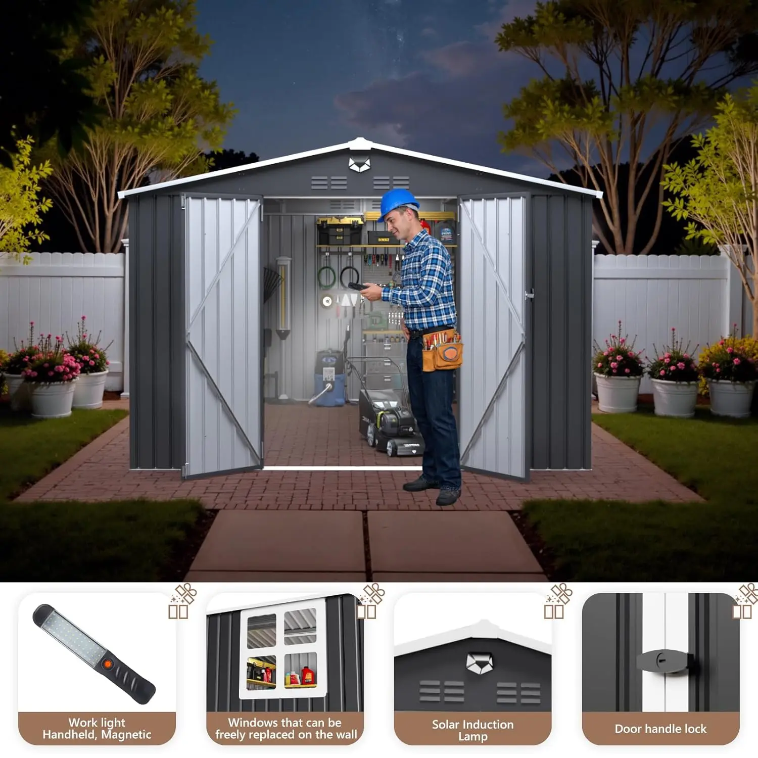 10x12FT Metal Outdoor Storage Shed Lockable Doors Clear Window Waterproof Backyard Patio Tool Storage Customized