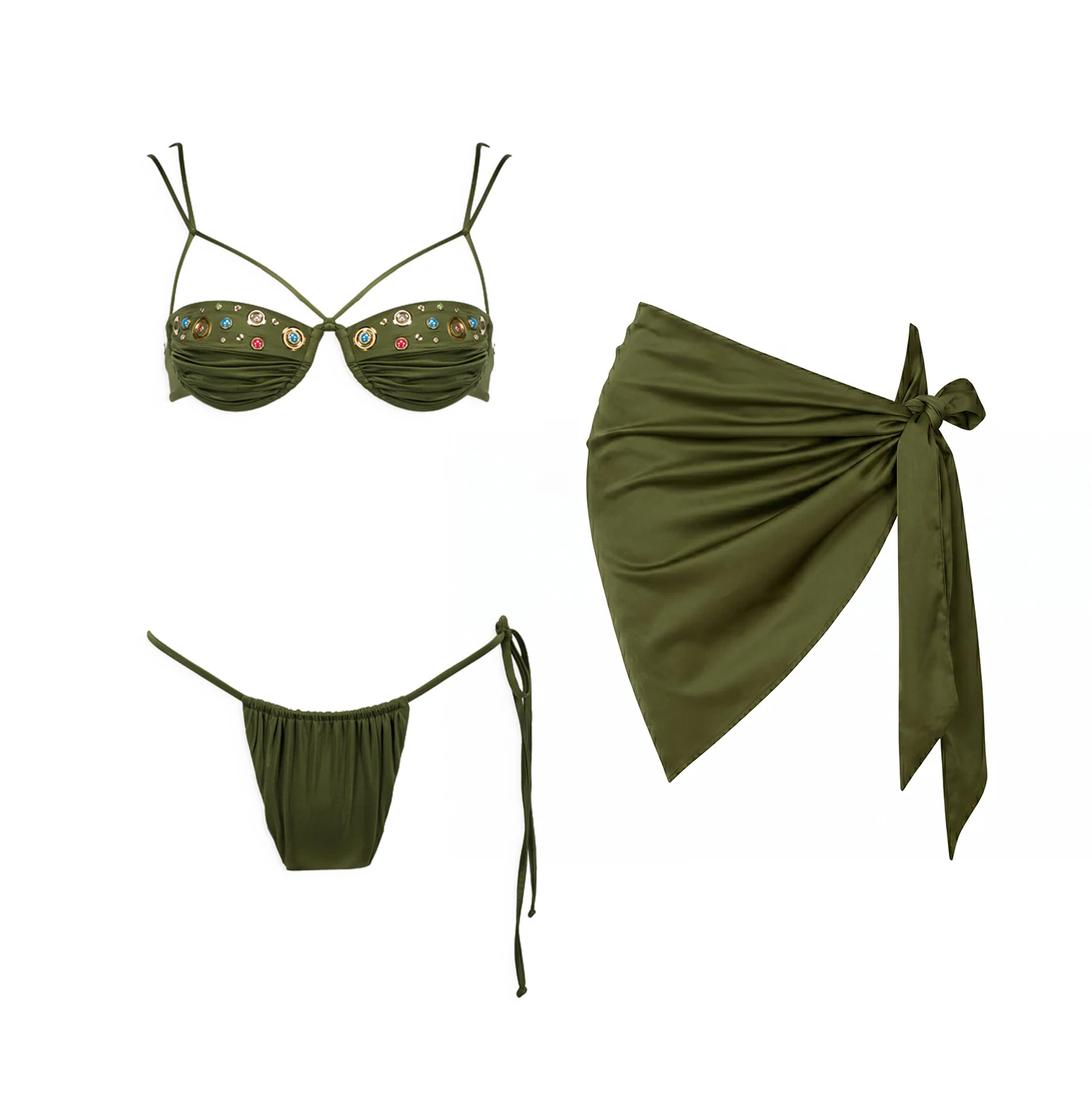 Push Up 3Pcs Bikini Set Sexy Women Swimsuit 2026 New Swimwear Female Cut Out Biquini Solid Bathingsuit Green Swim Suit Beachwear