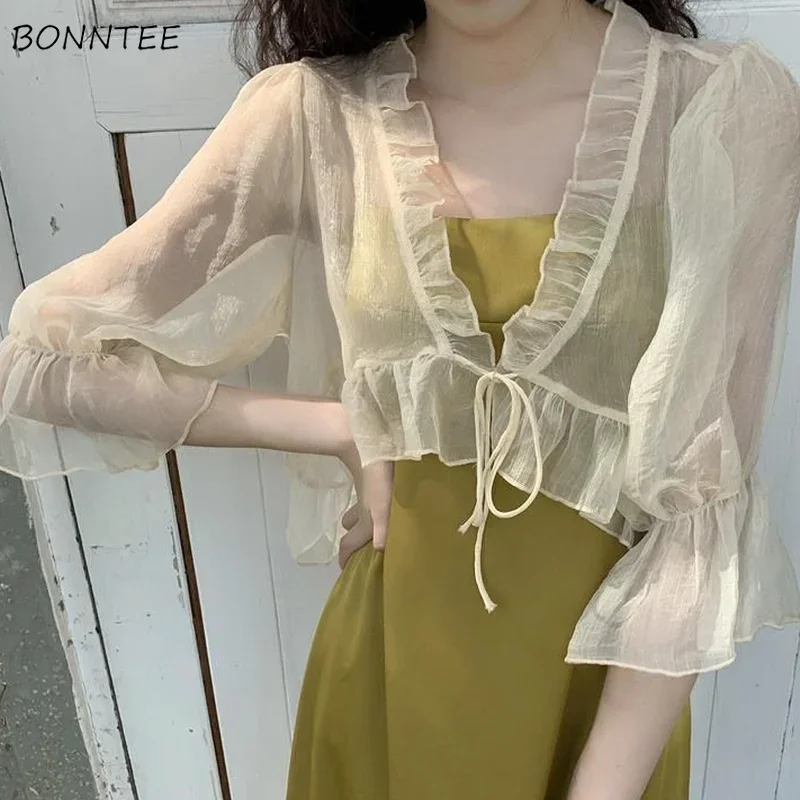 Blouse Women Solid Sun-proof Sheer Summer Tops Sexy Breathable Loose Thin Leisure Chiffon Elegant All-match Fashion Simple Chic